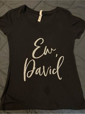 Black V-Neck Tee with Silver 'Ew, David' Script